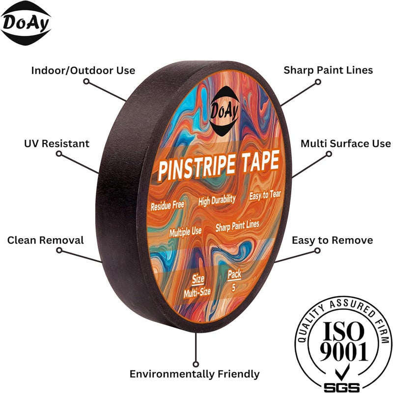 DOAY 5 Rolls Pinstripe Tape - Masking Tape 1/16", 1/8", 1/4", 1/2", 3/4" - Thin Painters Masking Automotive Tape for DIY, Car, Auto, Paint, Art, Tumblers (Black) - Image 2